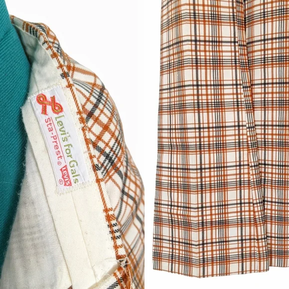 1960s Levi's for Gals Pants 1970s Bootcut Flare Trousers Plaid Brown Mid Rise - Picture 4 of 9